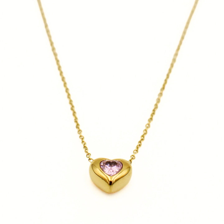 Gold Plated Pink Stone Heart Necklace
