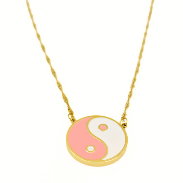 Gold Plated Pink and White Yin and Yang Necklace