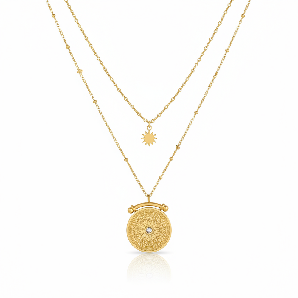 Gold plated waterproof double layered necklace with celestial sun and sundial pendants by Elli Jewellery