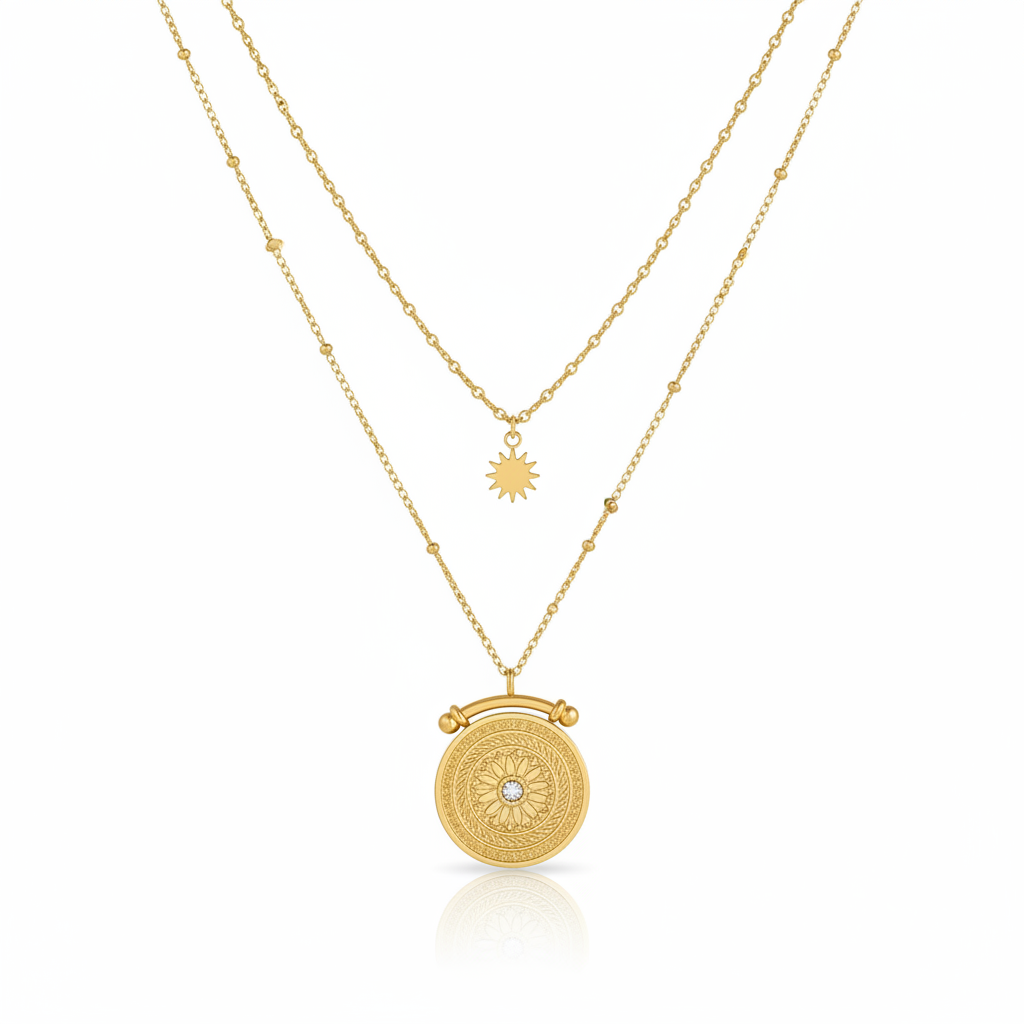 Gold plated waterproof double layered necklace with celestial sun and sundial pendants by Elli Jewellery