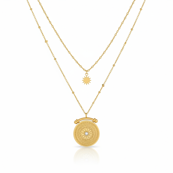 Gold plated waterproof double layered necklace with celestial sun and sundial pendants by Elli Jewellery